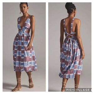 Anthropologie Deep V Cutout Crisscross Tie Blue Multi Midi Dress Size Small